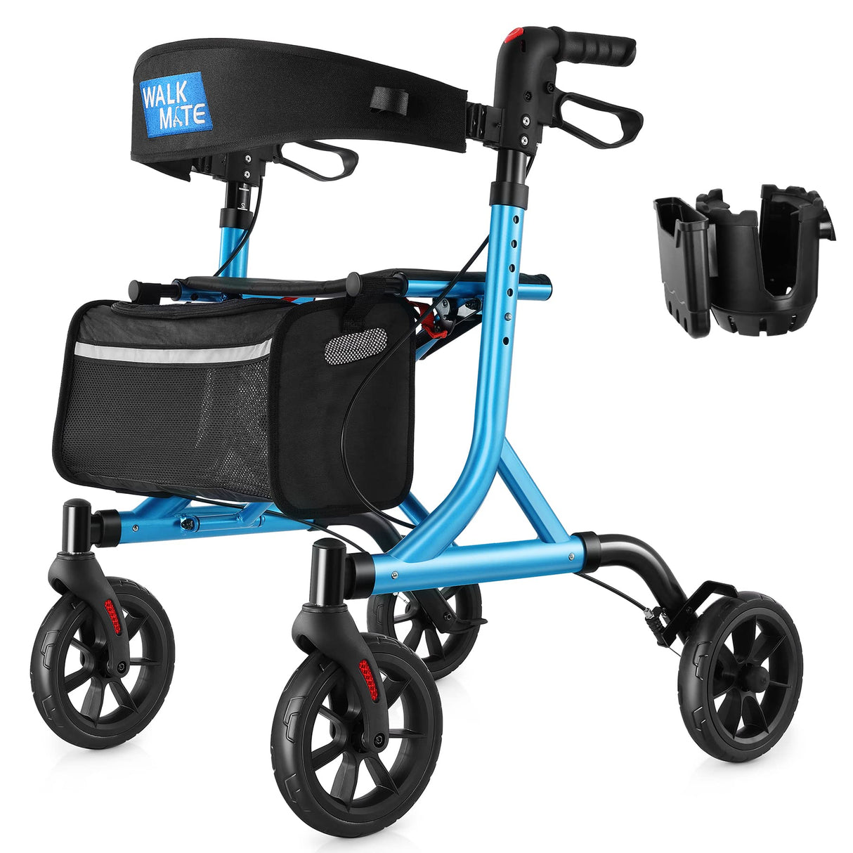 WALK MATE Rollator Walker for Seniors with Cup Holder, Upgraded Thumb Press Button for Height Adjustment, 4 x 8 Wheels Walker with Seat Padded Backrest Folding Lightweight Walking Aid, Blue