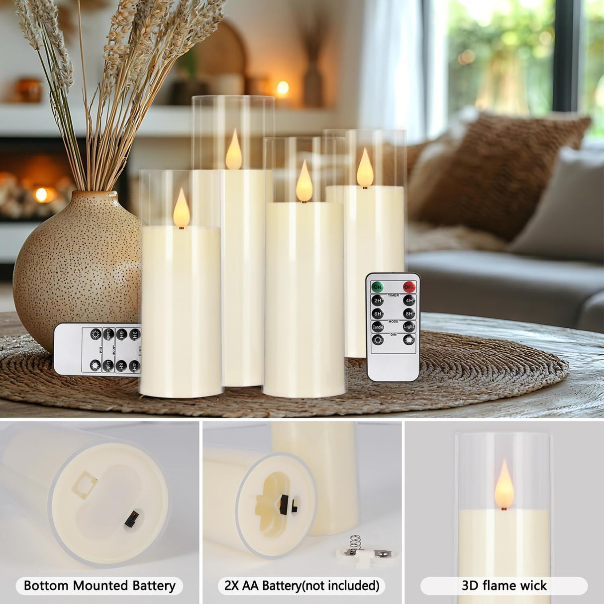 YOROXRG Flickering Flameless Candles Battery Operated with Remote,Led Pillar Candles with Realistic Moving Wick Candles for Halloween,Christmas,Home Decor Pack of 24 (D2.2 xH 5" 6" 7")(Ivory)