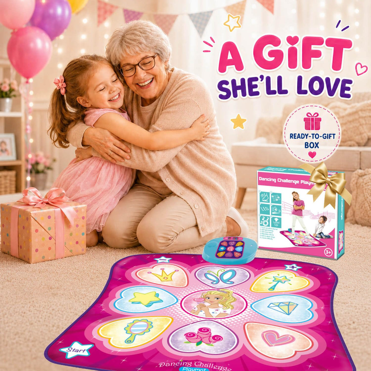 SUNLIN Dance Mat for Girls Ages 3-8, Interactive Dancing Game Pad, Pink