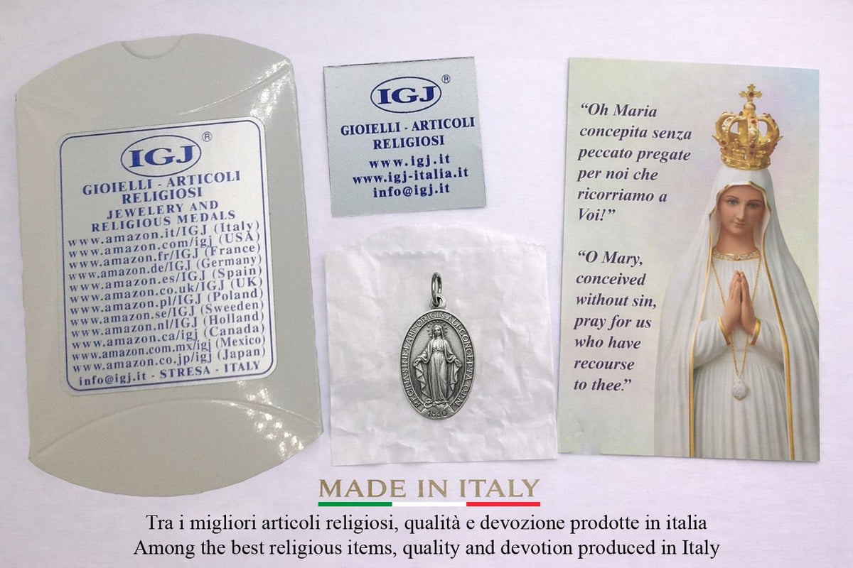MIRACULOUS MEDAL ORIGINAL DESIGN, CATHOLIC VIRGIN MARY PENDANT, MADE IN ITALY, SILVER PLATED BRASS, RELIGIOUS JEWELRY GIFT FOR WOMEN MEN