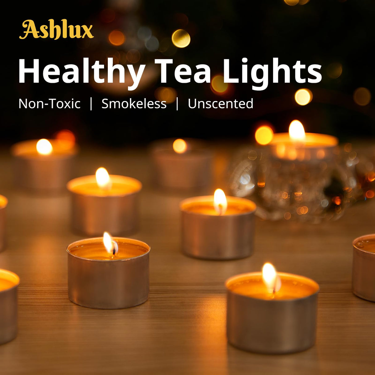 Ashlux Unscented Palm Tea Lights Candles 100 Pack Bulk, 8 to 9 Hours Long Burning White Tea Lights,Non-Paraffin, Smokeless, Mini Tealight Candles for Wedding, Christmas Lights, Party, Power Outages