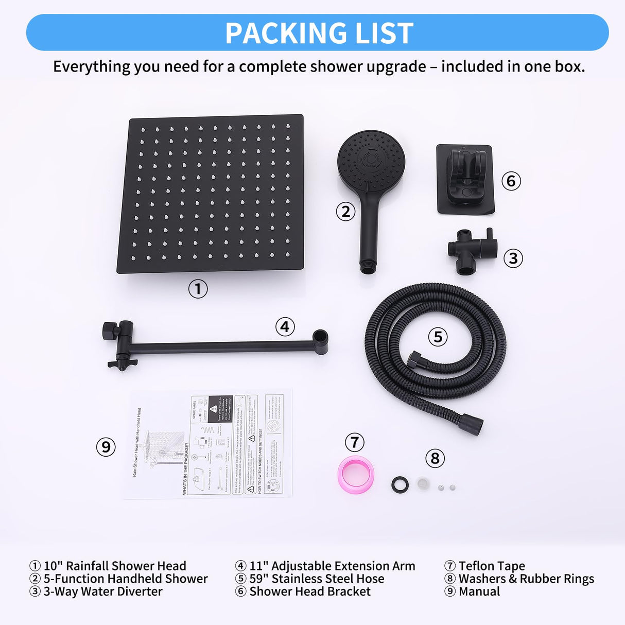 Peicuai Shower Head Combo, 10-Inch High-Pressure Rainfall Shower Head with 11-Inch Adjustable Extension Arm, 5-Setting Matte Black Handheld Shower with Long Hose, Powerful Spray for Low Water Pressure