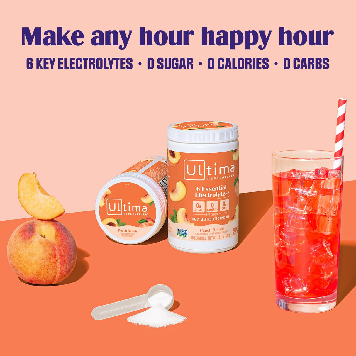 Ultima Replenisher Mocktini Electrolyte Powder Drink Mix – Sugar Free – Peach Bellini, 90 Servings – Hydration Powder with 6 Key Electrolytes and Trace Minerals – Keto Friendly, Non-GMO