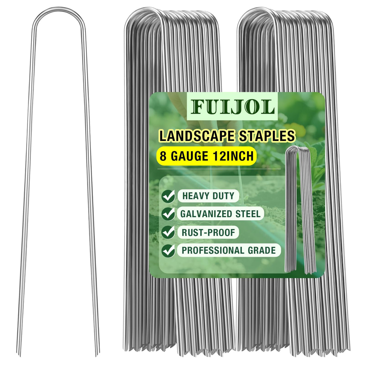 8 Gauge Landscape Staples, FUIJOL 12 Inch Heavy Duty U-Shaped Landscape Stakes, 100 Pack Galvanized Garden Staples for Weed Barrier Stakes, Ground Cover, Irrigation Tubing, Fence (100)