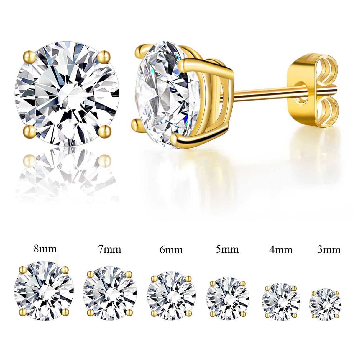 Gemsme 6 Pairs Cubic Zirconia Stud Earrings for Women/Men - Round Cut 4 Prong Settings 18K Gold Plated Hypoallergenic 3-8mm Clear Earrings Set - Gold