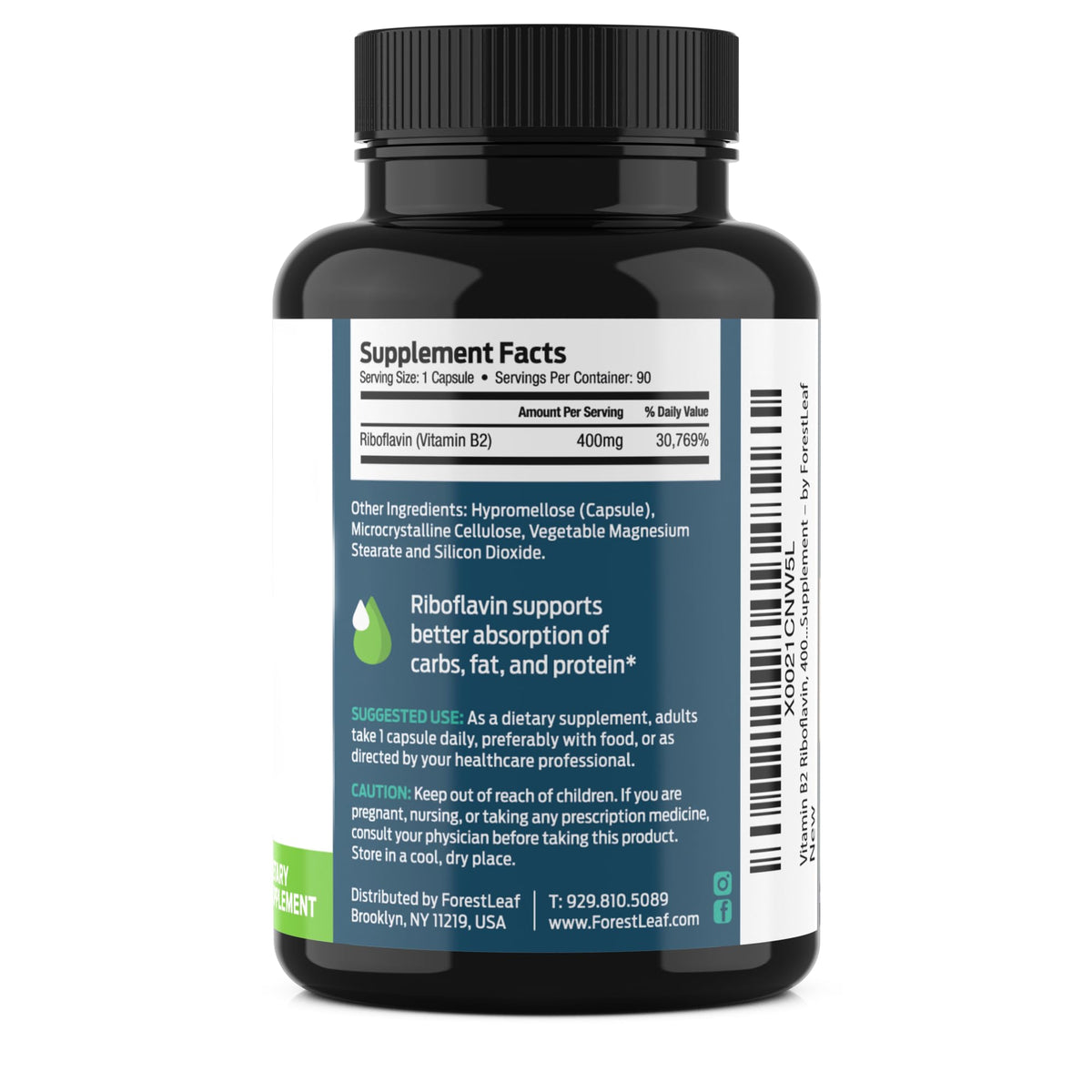 ForestLeaf Vitamin B2 Riboflavin 400mg, 90 Vegetarian Capsules