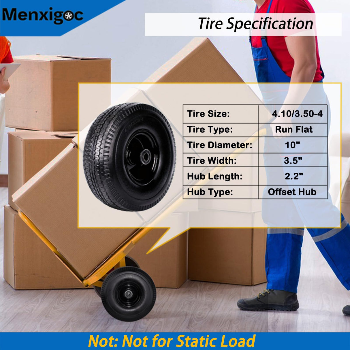 4.10/3.50-4" Tire and Wheel, 10" Solid Tire, 5/8" Bearing with 3/4" & 1/2" Extra Bearings, 4.10/3.50-4 Flat Free Wheels, 2.2" Offset Hub for Hand Truck Garden Wagon Cart Trolley Dolly - 2 Pack