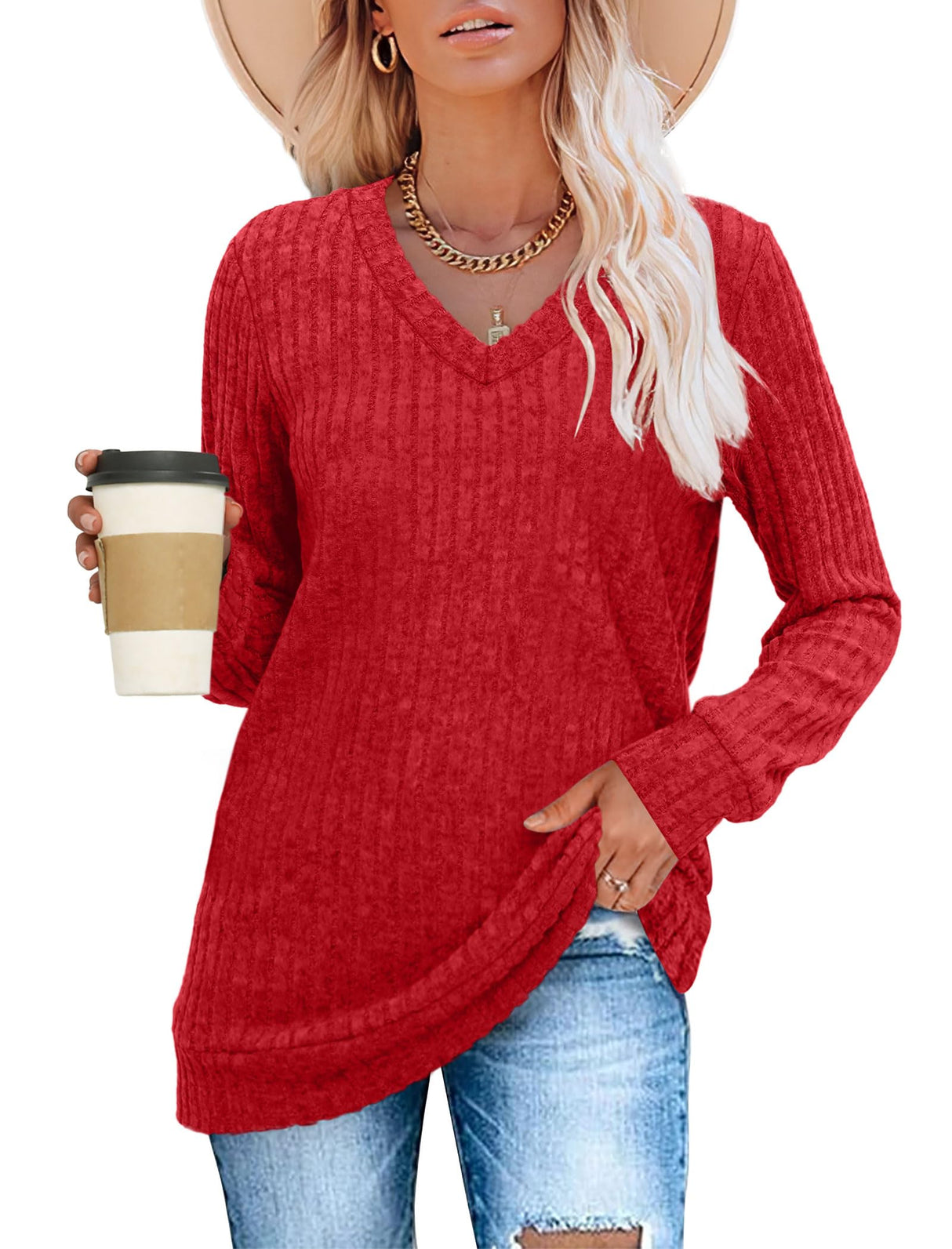 Sampeel Womens Long Sleeve Tops Casual V Neck Fall Shirts Christmas Valentine's Day Sweaters Loose Fit 2025 Red M