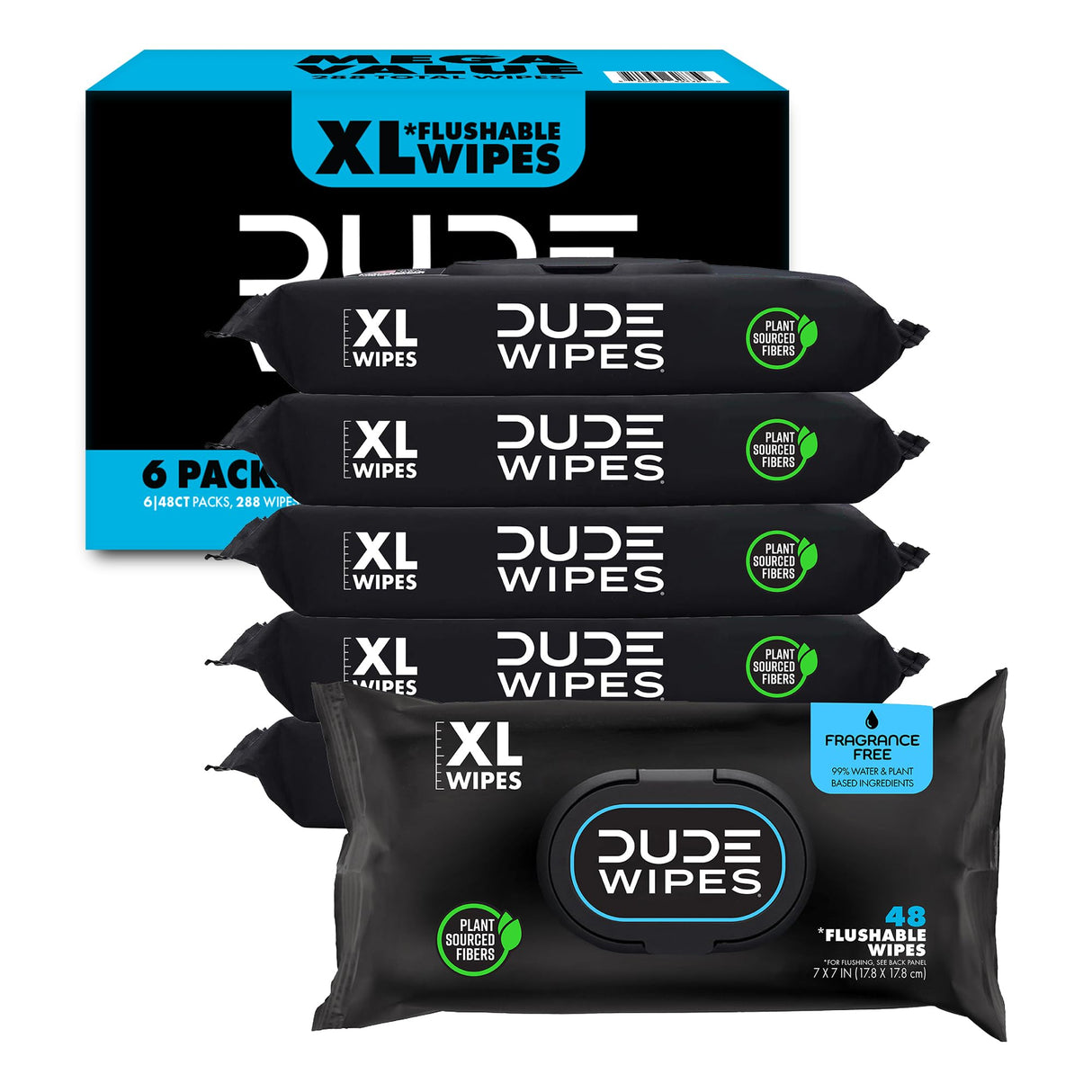 DUDE Wipes - Flushable Wipes Unscented - (6 Pack) 288 Wipes - Extra Large Wet Wipes Flushable - Vitamin-E & Aloe - Septic and Sewer Safe