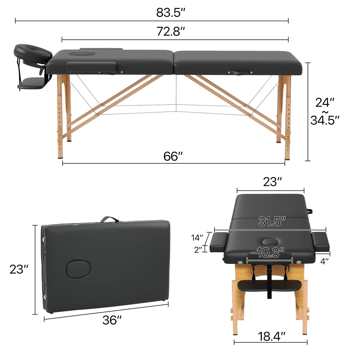HENGJIANYI Massage Table, Portable 2 Section Foldable Tattoo Bed, Height Adjustable Lash Spa Bed with Face Cradle, Home Light Weight Facial Salon Bed with Wood Frame, Black