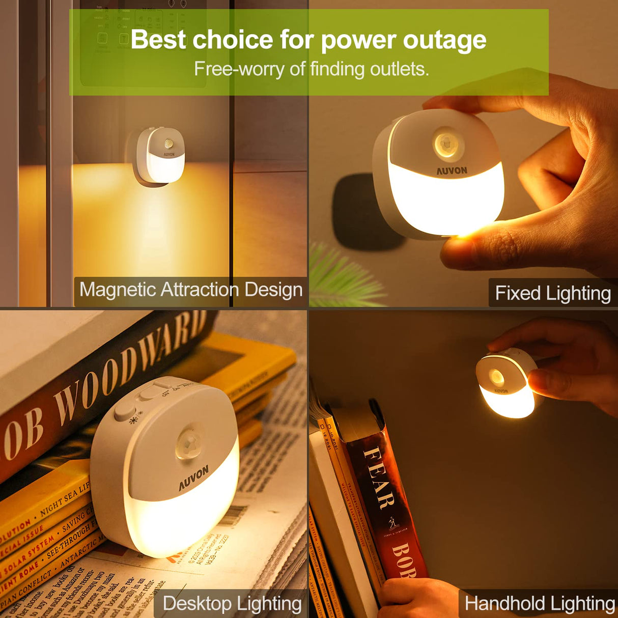 AUVON Rechargeable Battery Night Light, Mini with Motion Sensor, Warm White LED Stick-On Closet Light with Dusk to Dawn Sensor, Adjustable Brightness for Wall, Stairs, Hallway, Cabinet (2 Pack)