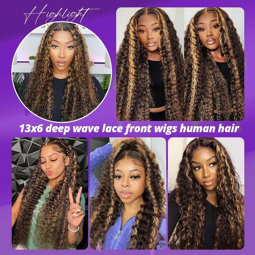 Highlight Deep Wave Lace Front Wigs Human Hair 28 Inch 13x6 HD Transparent Lace Front Wigs 200 Density 4/27 Ombre Honey Blonde Curly Wig for Women Pre Plucked with Baby Hair