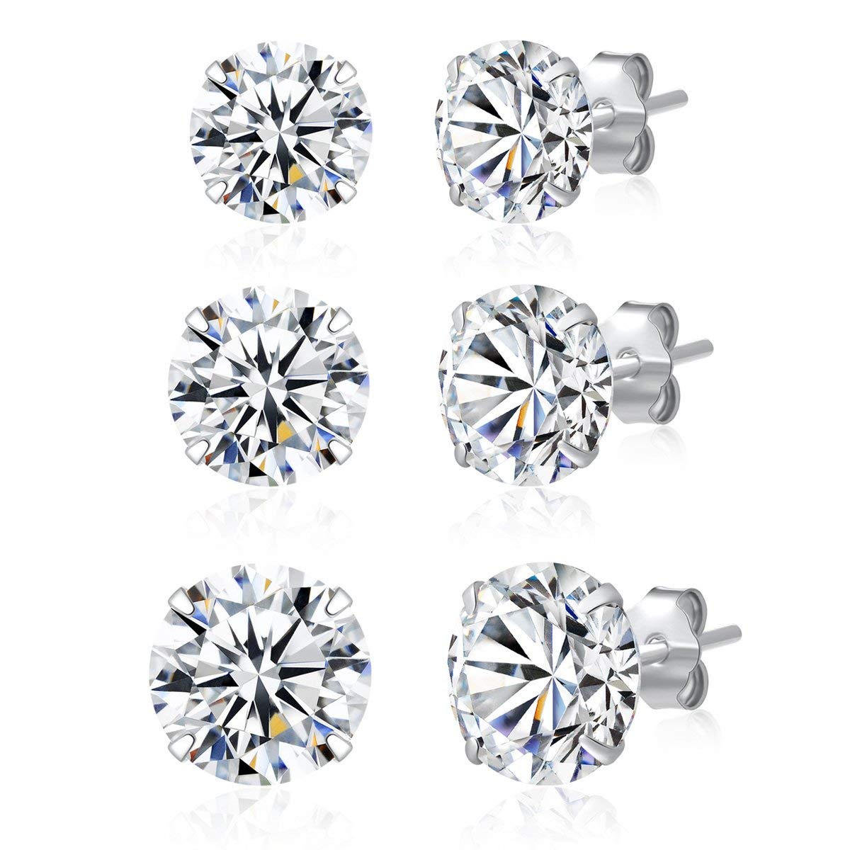 SILBERTALE 3 Pairs 925 Sterling Silver Cubic Zirconia Stud Earrings Set 3-8mm for Men Women