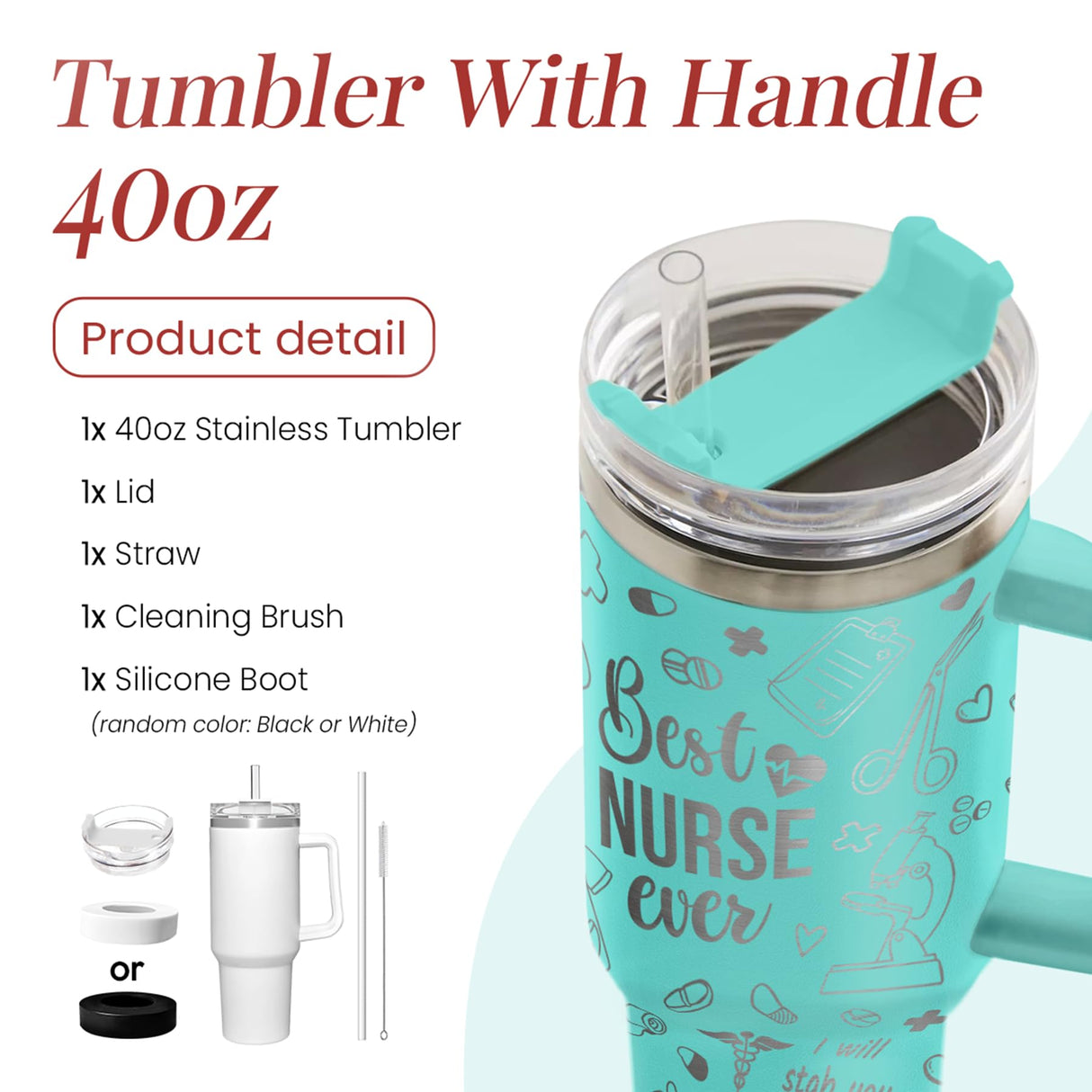 Nurse Gifts for Women, Nurse Tumbler with Handle 40oz Stainless Steel Coffee Cup with Straw Lid, Nursing Gift for Female Nurses, Appreciation Gift for Graduation Christmas Birthday