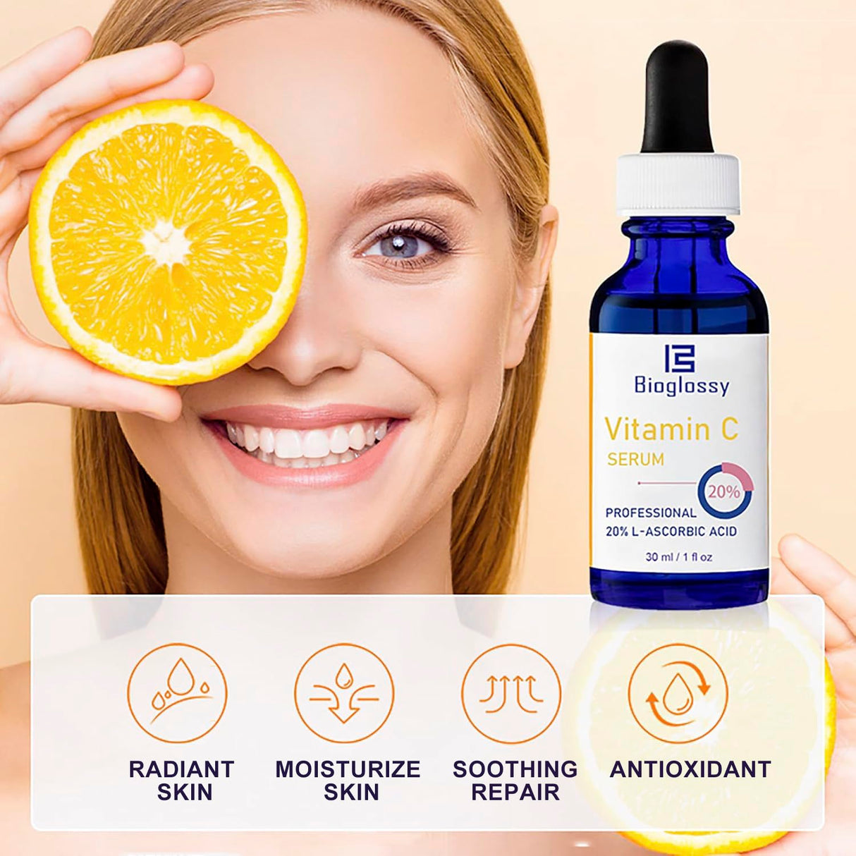 Bioglossy Vitamin C Serum 20%, Professional Vitamin C Face Serum Anti Aging Skin Care, Enhance Skin Radiance Reduce Fine Lines & Wrinkles for Women