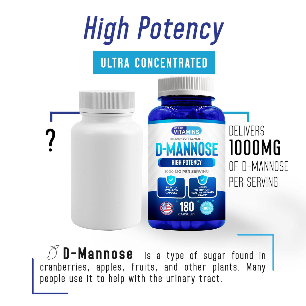 We Like Vitamins D-Mannose 1000mg Capsules - 180 Easy to Swallow Veggie Capsules - Cranberry D Mannose Supplement Helps Support Bladder and Urinary Tract Health