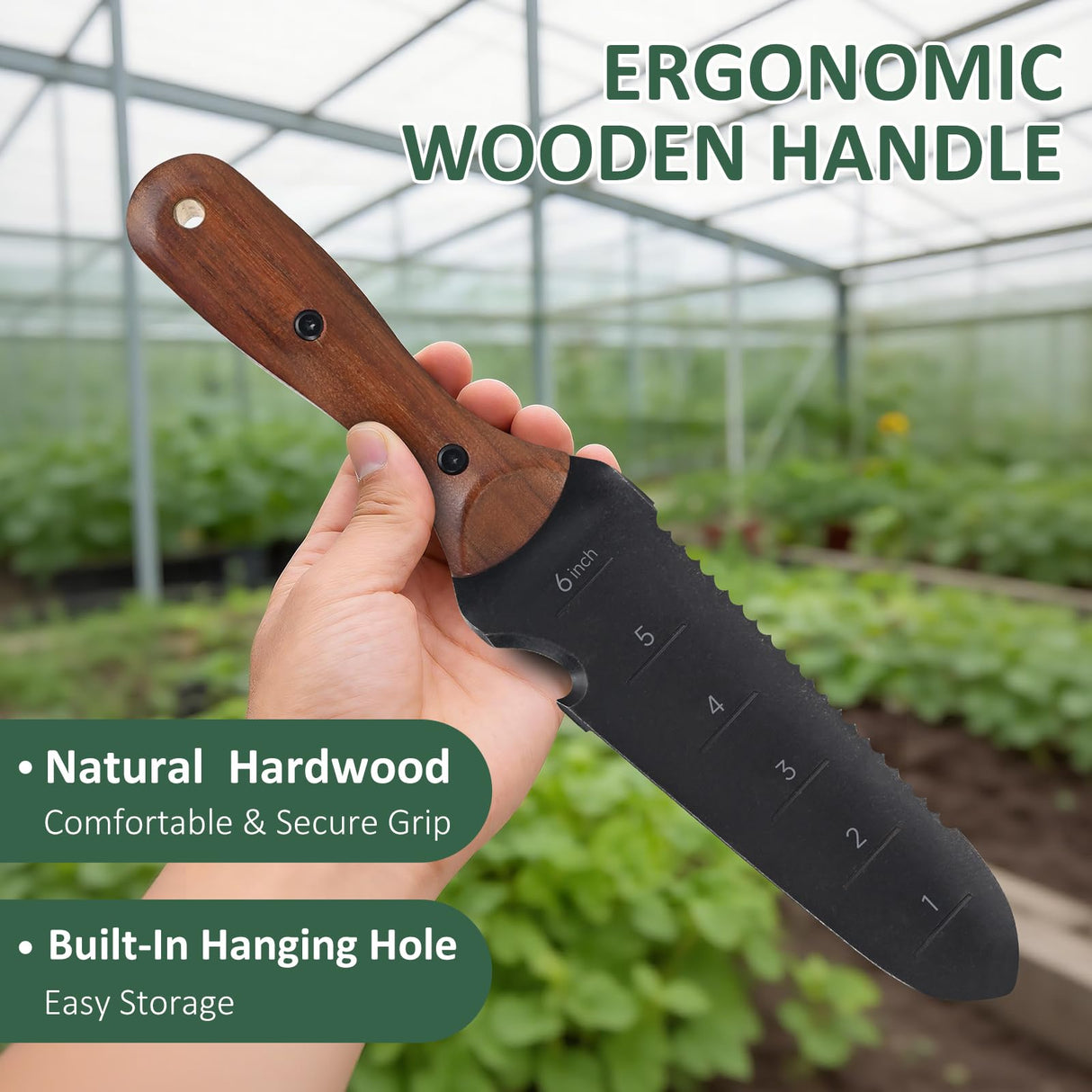 Griactrl Hori Hori Garden Knife with Measuring Scale, Heat-Treated Stainless Steel Blade, Ergonomic Wood Handle, Gardening Knife with Polyester Sheath for Weeding, Planting, Digging