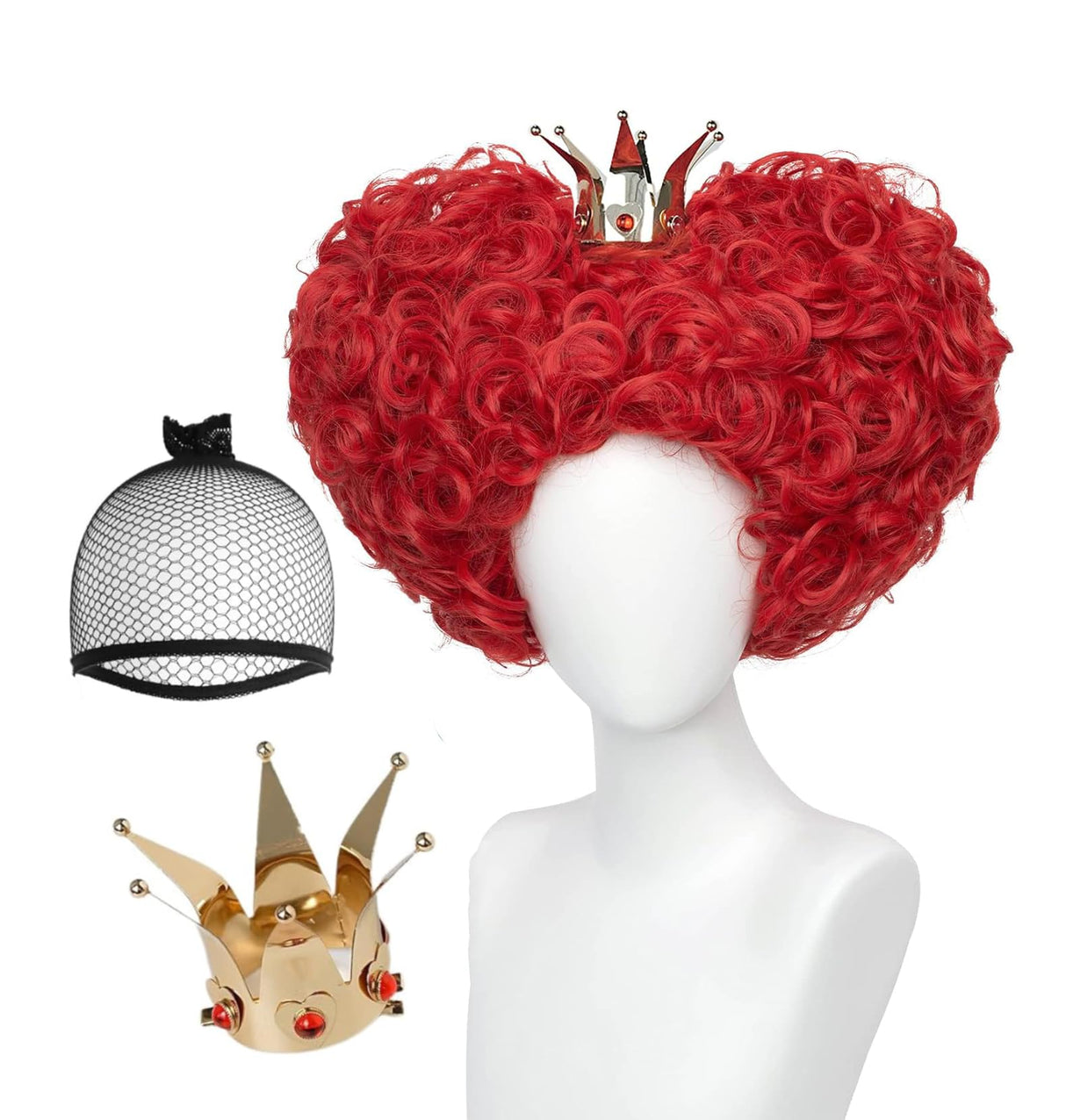 LABEAUTÉ Red Heart of Queen Cosplay Wig with Crown Women Girls Short Curly Wig Heat Resistant Synthetic Hair for Halloween Christmas Party with Cap