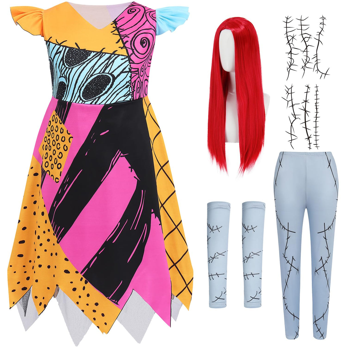 jiobabe Sally Costume Kids Doll Princess Costume Girls Patch Sally Dress Toddler Halloween Costumes Nightmare Cosplay Christmas Dress-up Set with Wig Tattoo Stickers GR044M