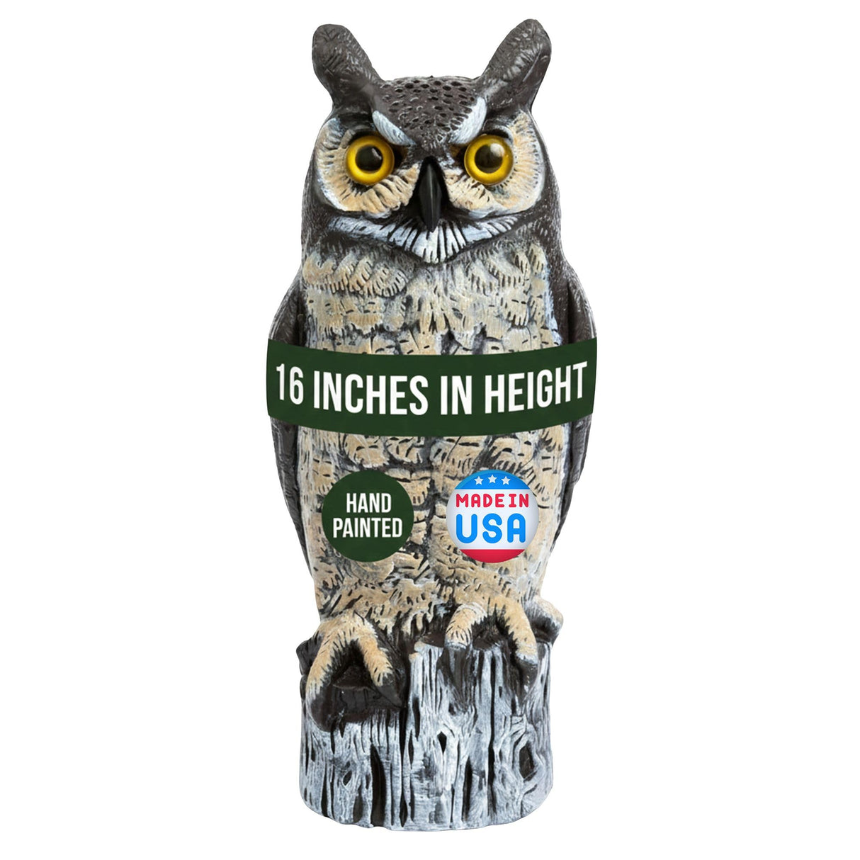 Dalen Lifelike Great Horned Owl Decoy Bird Repellent - 16in Hand-Painted Scarecrow for Gardens & Rooftops, Bird Deterrent, Fixed-Head Design, Fill Base with Sand/Gravel Only - Multicolor
