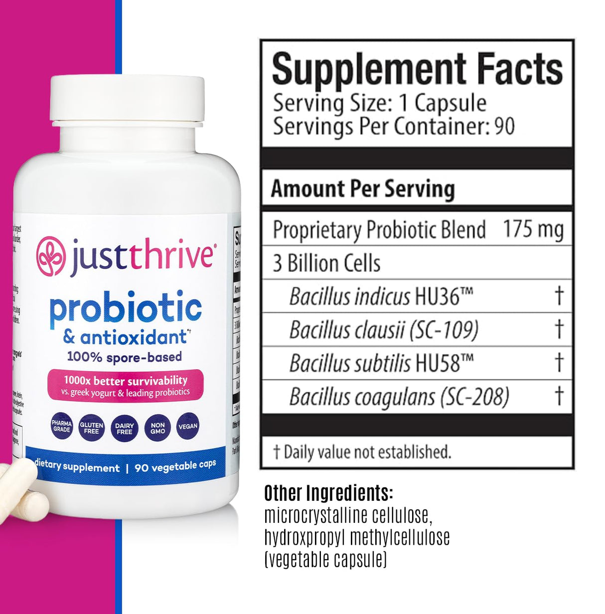Just Thrive Probiotic & Antioxidant Supplement - 100% Spore-Based Digestive and Immune Support - Gluten Free, 90 Caps