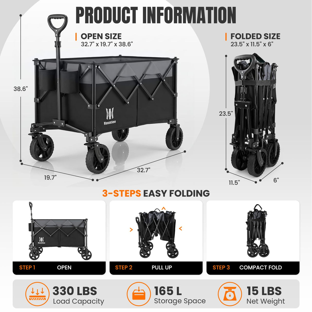 Navatiee 165L Collapsible Folding Wagon, Large Foldable Wagon with Silent All-Terrain Wheels, 330Lbs Heavy Duty Utility Grocery Cart for Camping Shopping Outdoor, Black