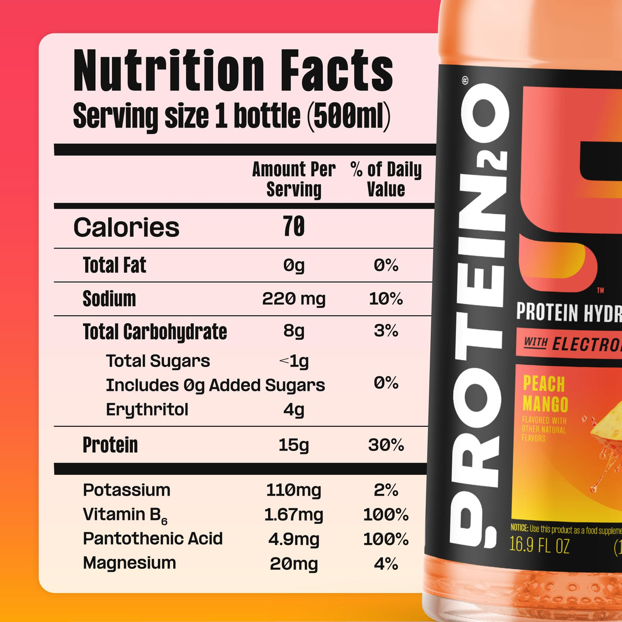 Protein2o 15g Whey Protein Infused Water, Peach Mango, 16.9 Oz Bottle (Pack of 12)