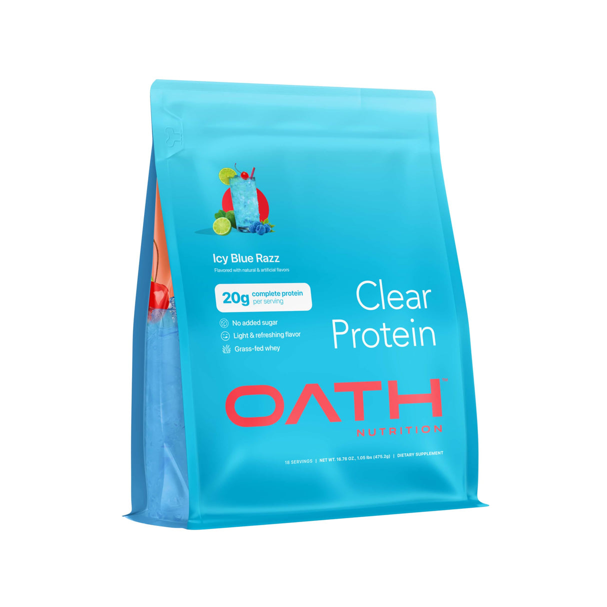 Oath Nutrition Clear Whey Isolate Protein Powder, ICY Blue Razz, 20g Complete Protein per Serving, No Added Sugar, Grass-Fed, 18 Servings