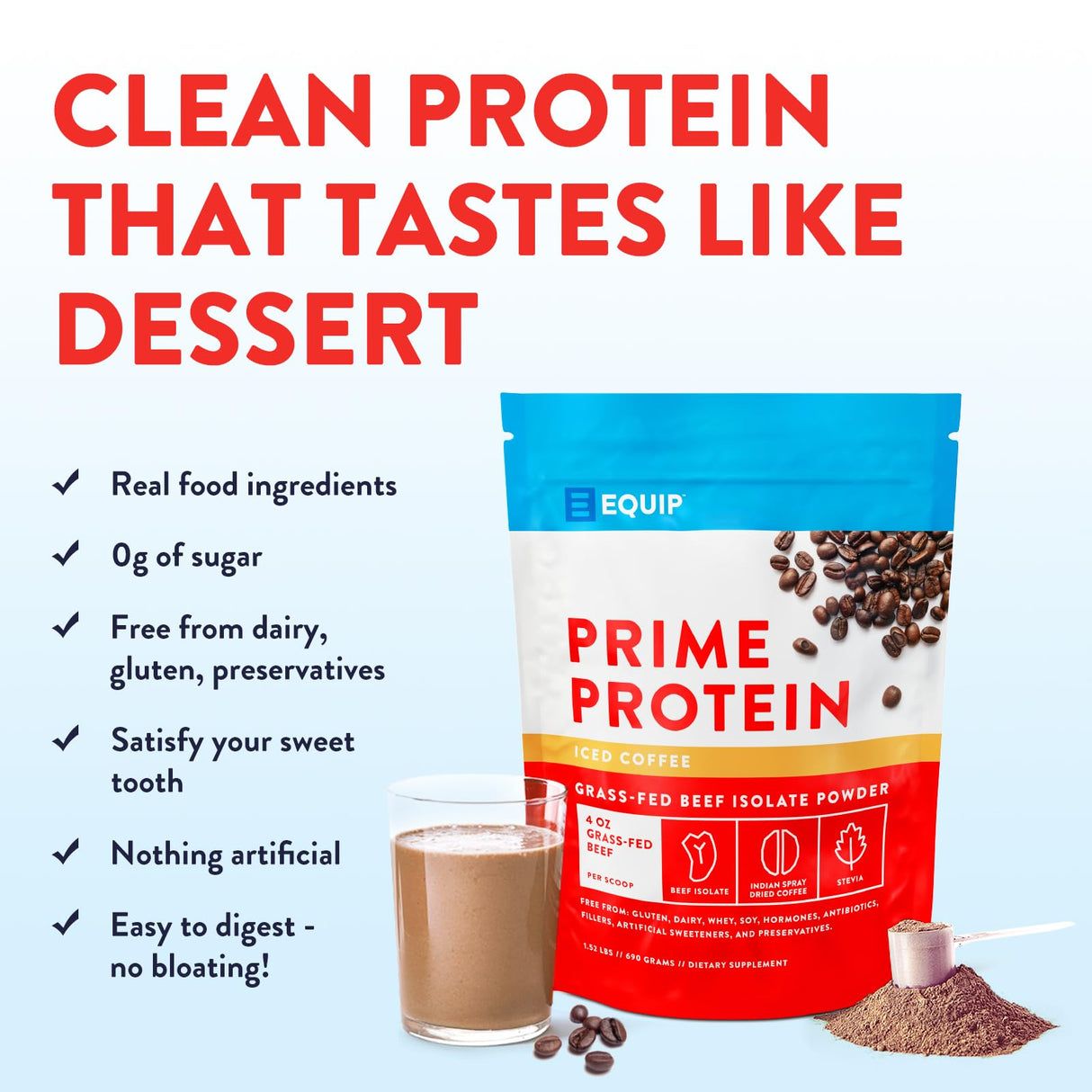 Equip Foods Prime Protein Powder | Clean, Grass Fed Beef Protein Isolate | Carnivore Protein Powder | Paleo, Keto Friendly | Gluten, Dairy Free | Helps Build & Repair Tissue | 30 Servings, Iced Coffee
