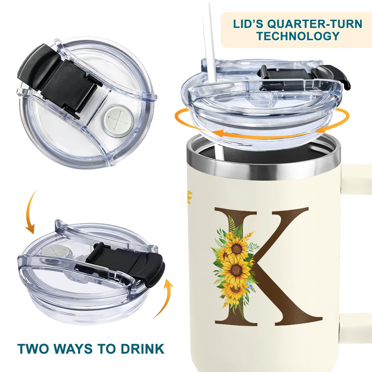 Personalized Birthday Gifts For Women - Sunflower Gifts For Women, Mom - Christmas Gifts For Womens, Mother's Day Gift For Mom, Boss - Monogrammed, Initial Tumbler Handle 40oz W Lids & Straws, K