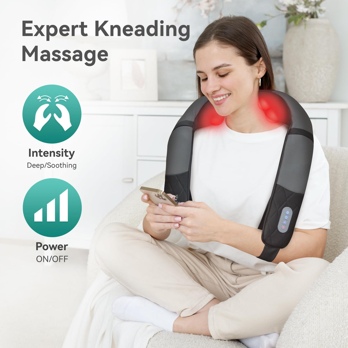 Snailax Rechargeable Neck Massager with Heat, Shiatsu Back and Neck Massager, Cordless Portable Deep Kneading Shoulder Massage Pillow, Gifts for Dad Mom