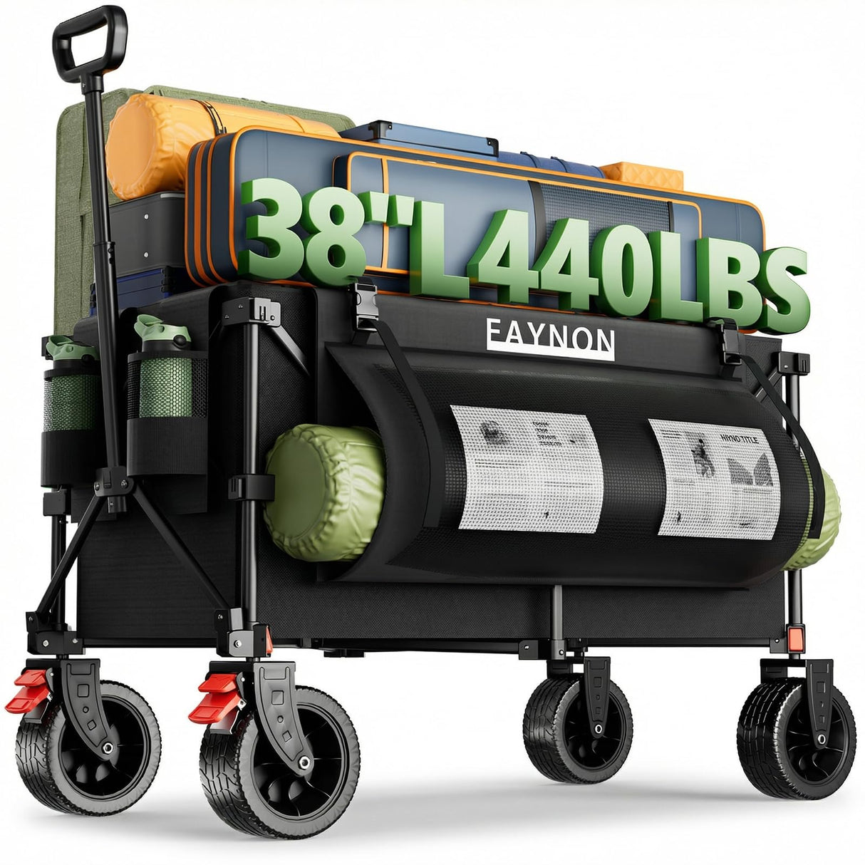 EAYNON 38" L Collapsible Foldable Extended Wagon,440lbs Weight Capacity with 220L Heavy Duty Folding Cart, Utility Wagon with Side Storage Pockets& Drink Holders,Black