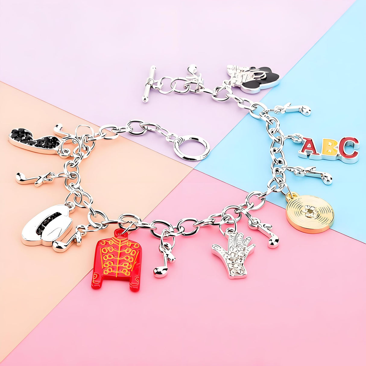 Music Inspired Charm Bracelet, Silver Chain with Red Jacket, Hat, Glove, BAD Charms, 7.29 Inch