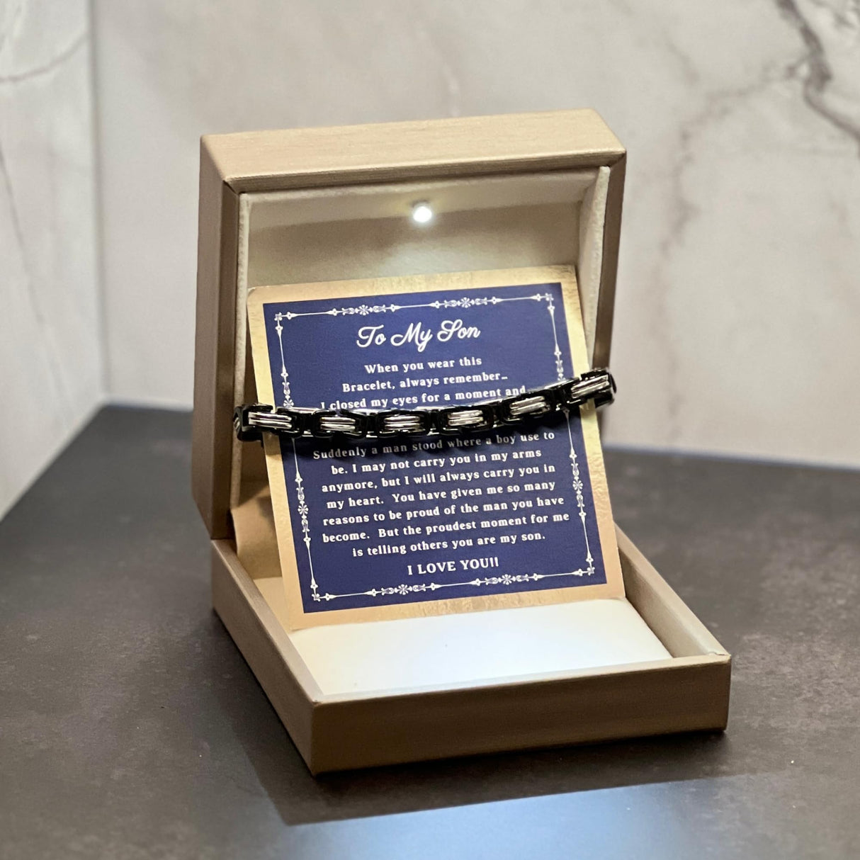 Printed Art Therapy To My Son Bracelet from Mom and Dad, I Love You Gift, Mother & Father Son Bracelet, Sentimental Gifts from Parents, Graduation Gift for Him (Silver/Black)