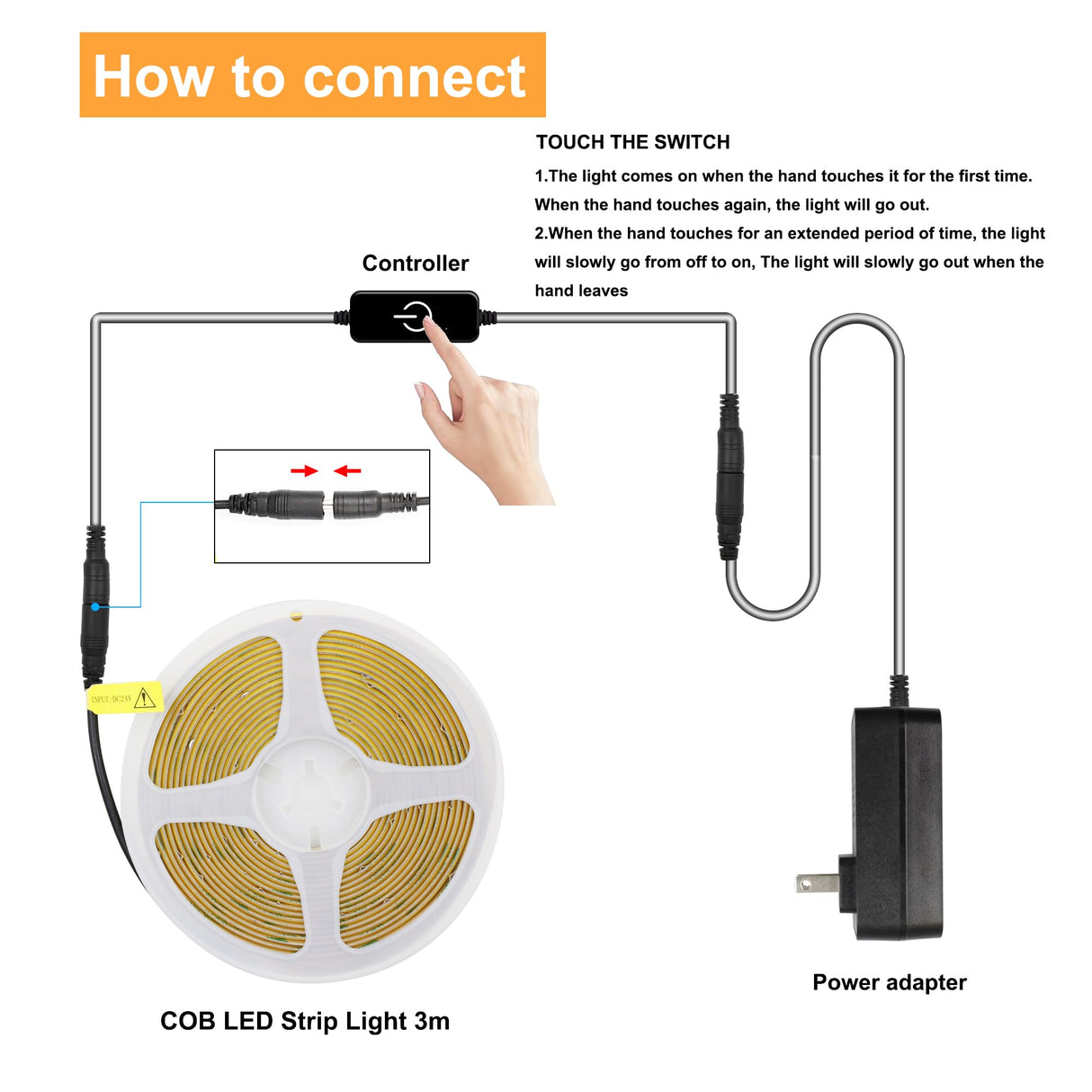 Pandery COB LED Strip,LED Strip Lights 3M/9.84ft,Touch Dimmable LED Strips,CRI90+,2700K Warm White cob led,960LEDs,24V LED Tape Lights,Indoor for Bedroom, Kitchen, TV, Mirror,Cabinet