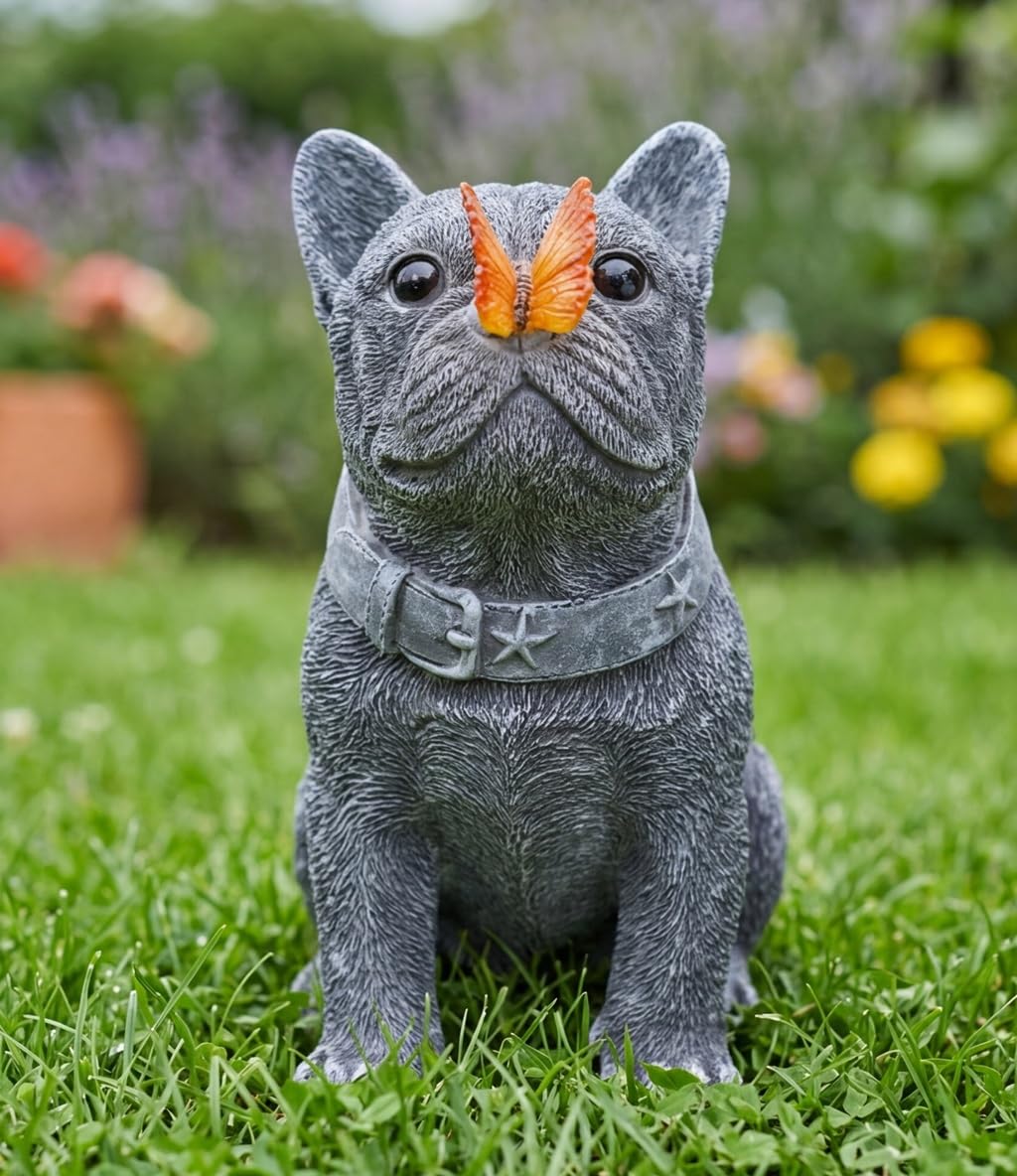 Scoomor Solar French Bulldog Garden Statue with Butterfly, Outdoor Frenchie Sculpture Decor for Patio, Yard & Lawn, Unique French Bulldog Gifts & Dog Memorial Statue,10 Inch, Resin (Grey Stone)