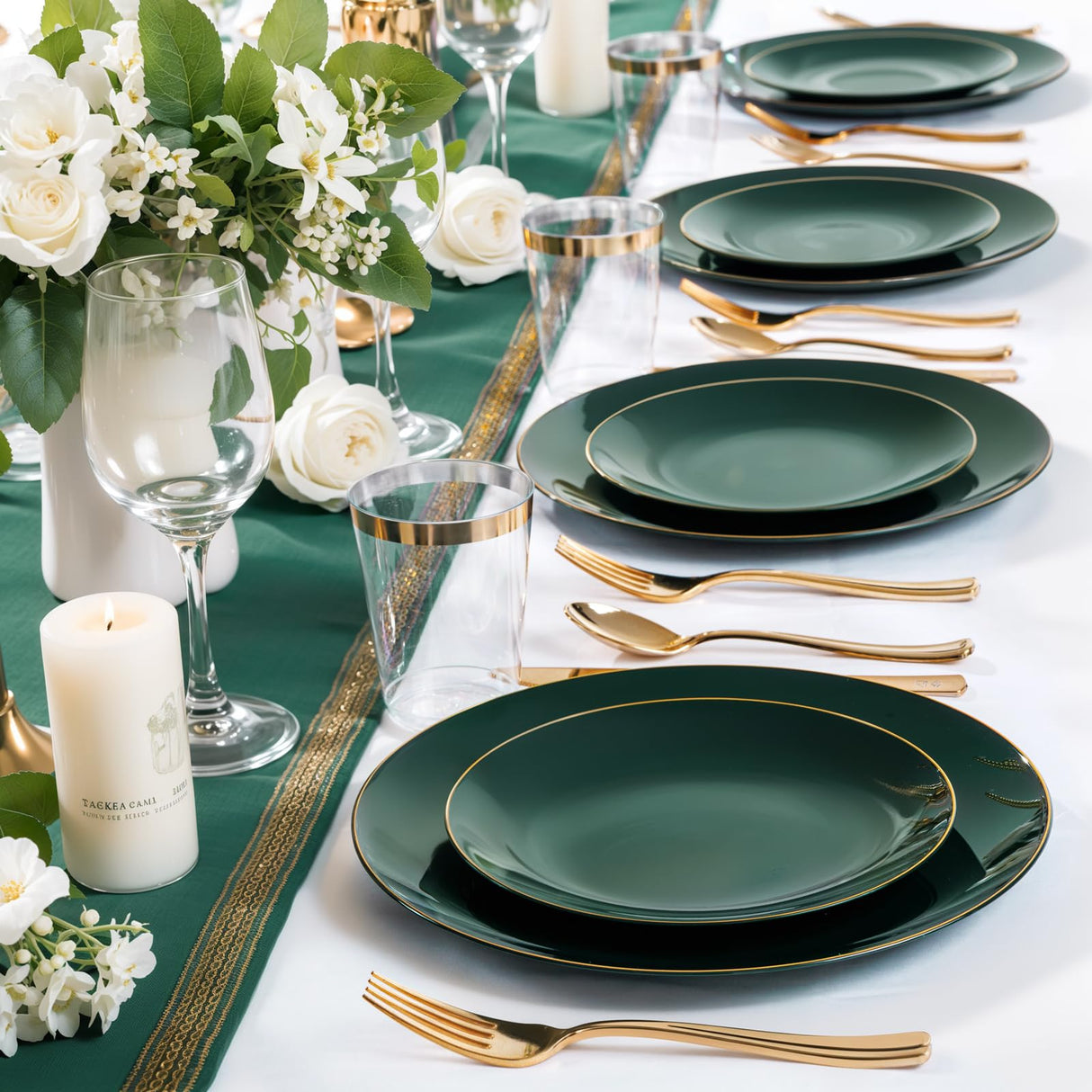 Nervure 100Pcs Green and Gold Plastic Plates - 10.25inch Disposable Green Dinner Plates - Heavy Duty Plastic Plate Ideal for Wedding & Party & Christmas