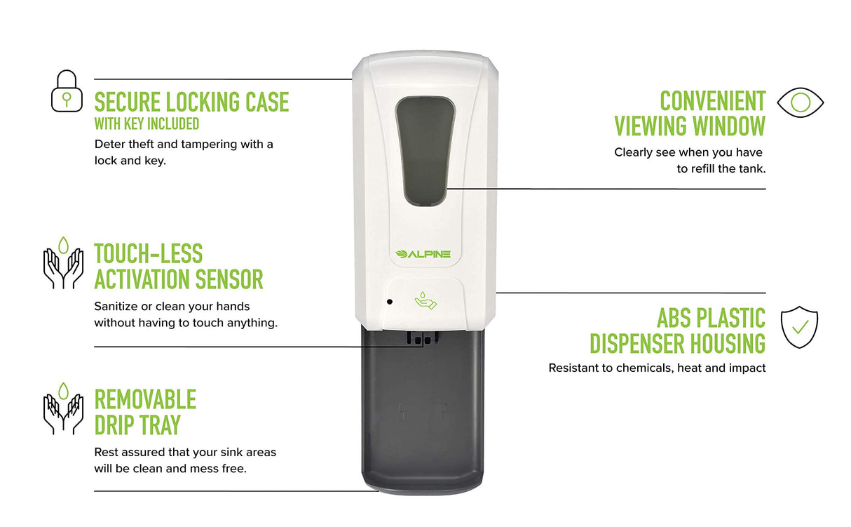 Alpine Automatic Hand Sanitizer Dispenser - Touchless Soap Dispenser with Drip Tray for Restaurant, Hospital, School, Hotel, Kitchen and Bathroom -1200mL Liquid, Gel White