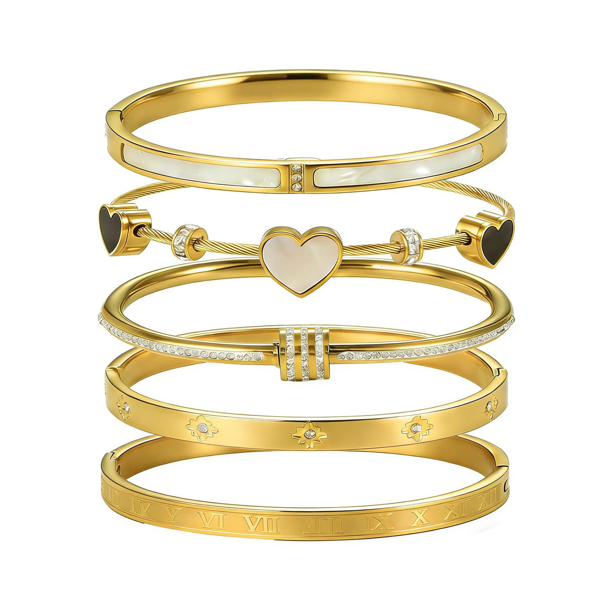 Gold Bangle Bracelets for Women, 18K Gold Plated Stainless Steel 5 Pcs Stackable Bangle Bracelet Set, Waterproof Non Tarnish Bracelets, Trendy Jewelry Gifts for Women