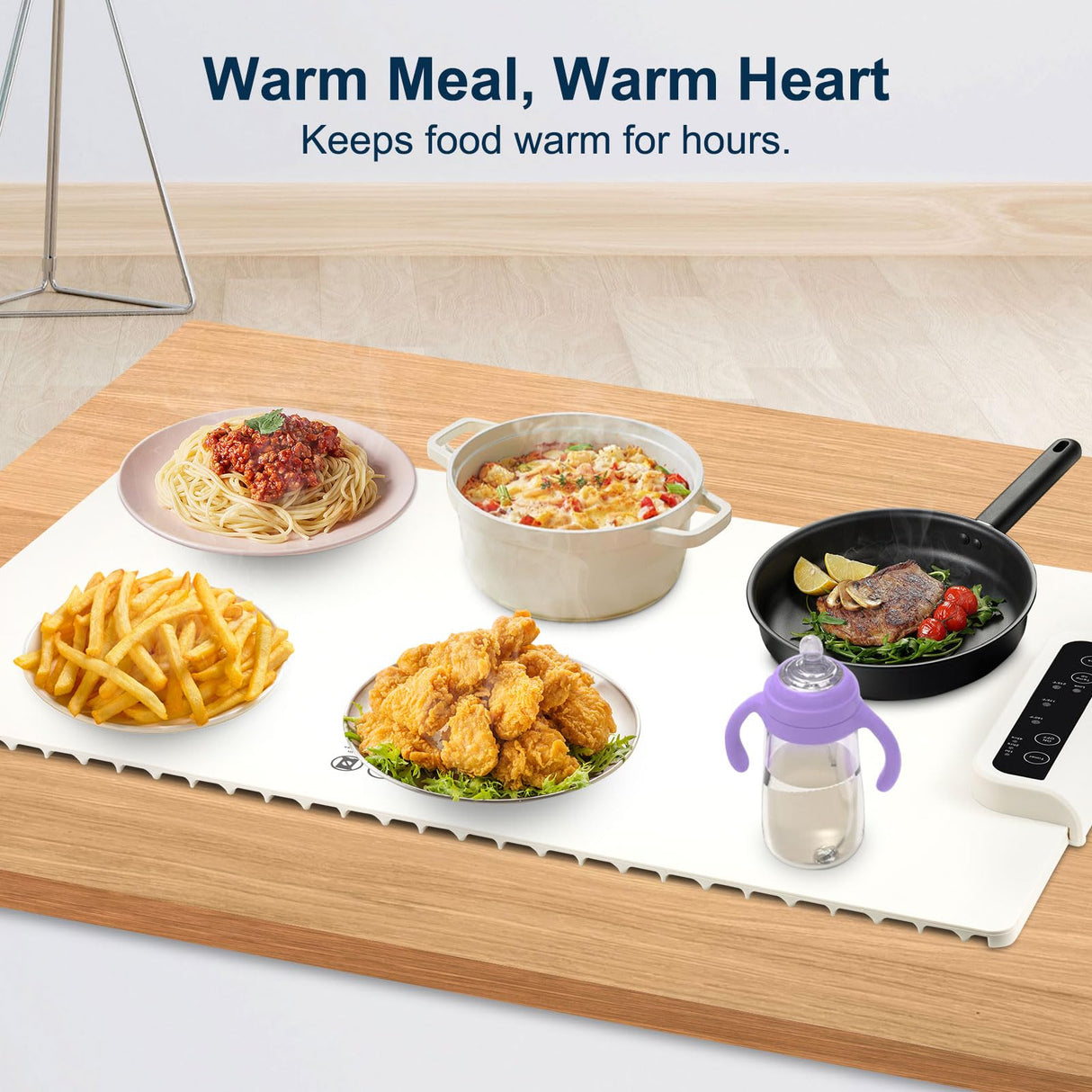 Warming Mat for Food – Full Surface Heating Silicone Electric Tray with 3 Temp Levels, Auto Shut-Off & Safety Lock, Rollable & Portable Warming Pad for Buffets, Parties, Home Use – Beige