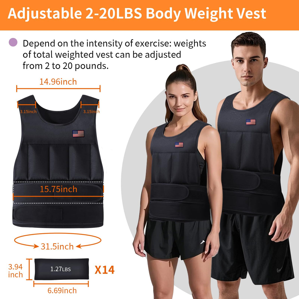 Wolliwa Adjustable Weighted Vest for Men Women,2-20 Lbs Adjustable Weights Weighted Vest with Straps Running Weight Vest Walking Strength Training Fitness,Black,14 PCS Sandbags,Each 1.27 Lbs