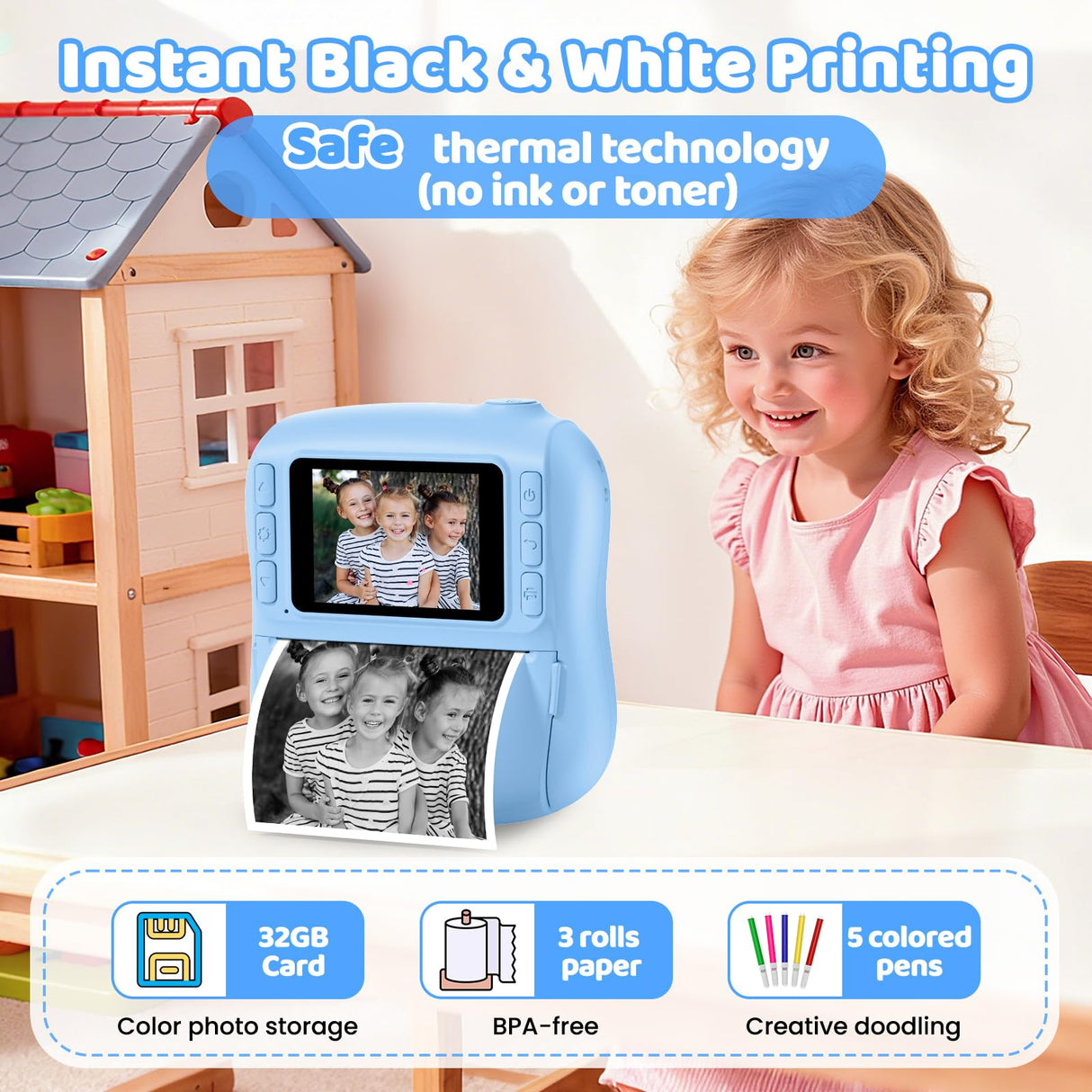 Instant Print Camera for Kids,Christmas Birthday Gifts for 3 4 5 6 7 8 9 10 11 12 Year Old Boys Girls,Toddler Digital Video Camcorder Cameras, Best 1080P HD Selfie Toy with 32GB SD Card