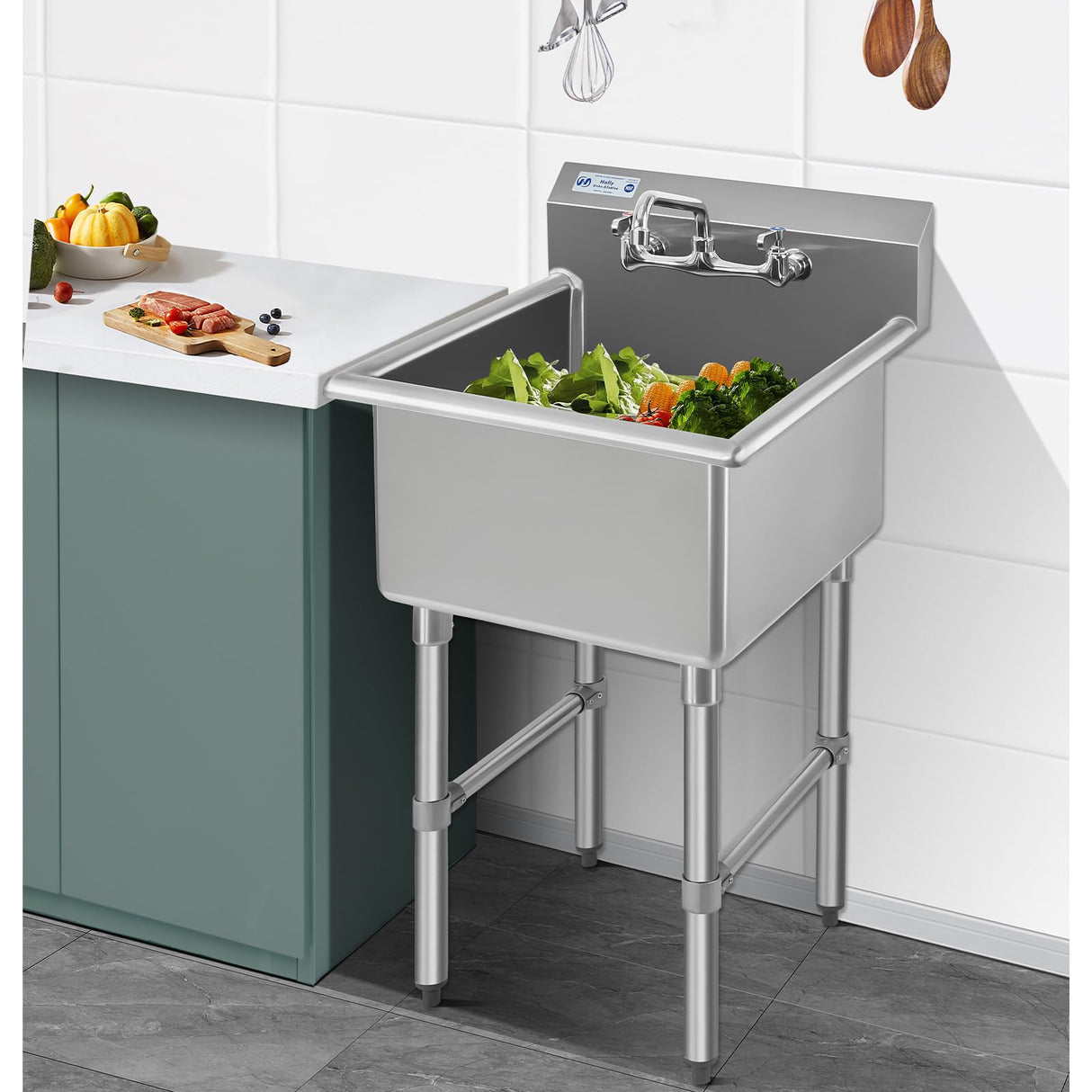HALLY Commercial Stainless Steel Sink 1 Compartment NSF Prep & Utility Sink with 8" Faucet 24" L x 24" W x 12" D Bowl for Bar, Restaurant, Kitchen, Hotel and Home