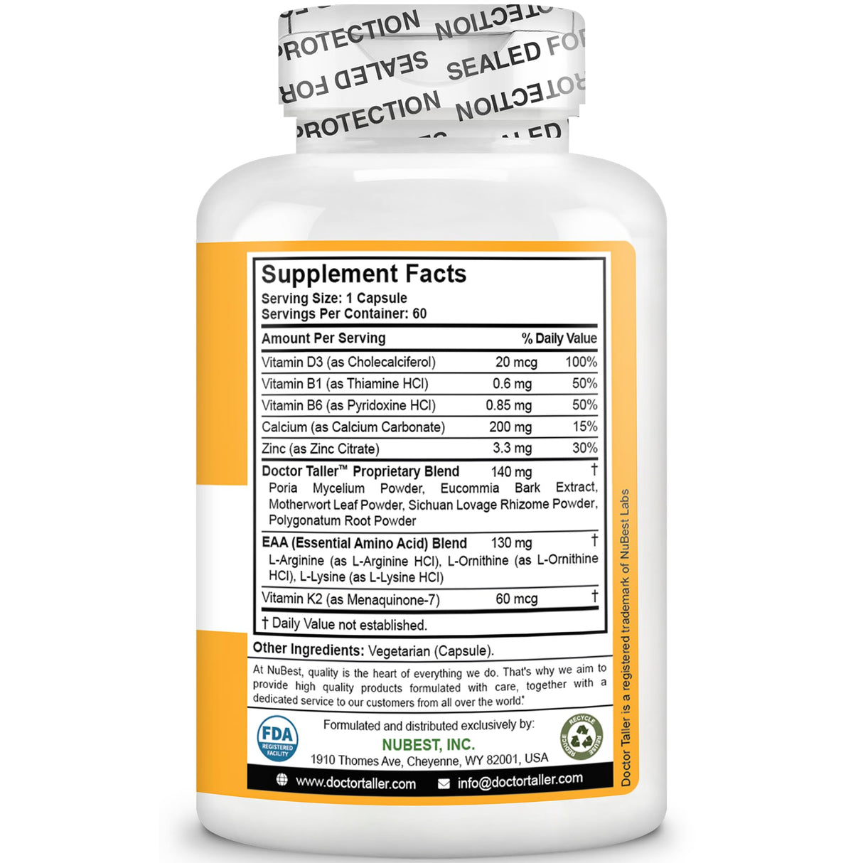 NuBest Doctor Taller - Bone Strength Supports, Enhance Immune System - Keto with Calcium, Vitamin D3, Vitamin K2, Amino Acids & Herbs for Children (8+) - 60 Vegan Capsules | 1 Month Supply