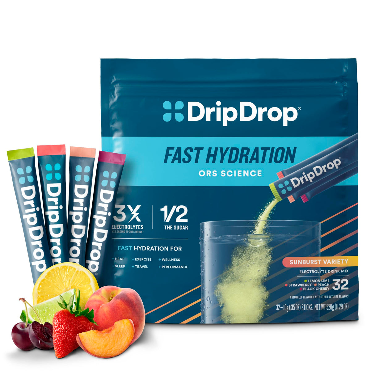 DripDrop Hydration Packets - Sunburst Variety Pack - Single Serve Electrolytes Powder Drink Mix - Lemon Lime, Strawberry, Peach, Black Cherry - Non-GMO, Gluten Free, Vegan - 32 Sticks