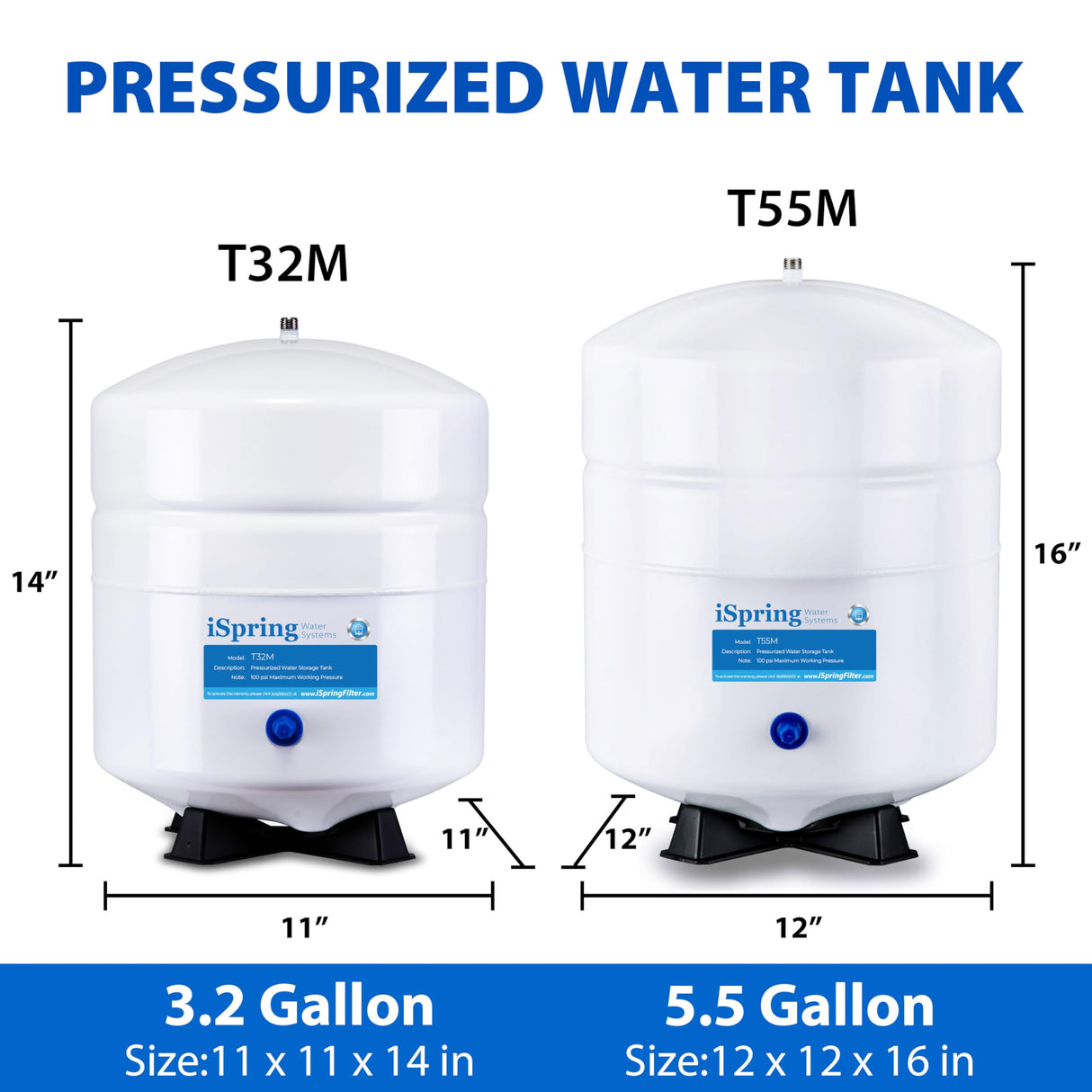 iSpring T32M Pressurized Water Storage Tank with Ball Valve for Reverse Osmosis RO Systems, 4 Gallon, 1/4" Tank Valve Included, White