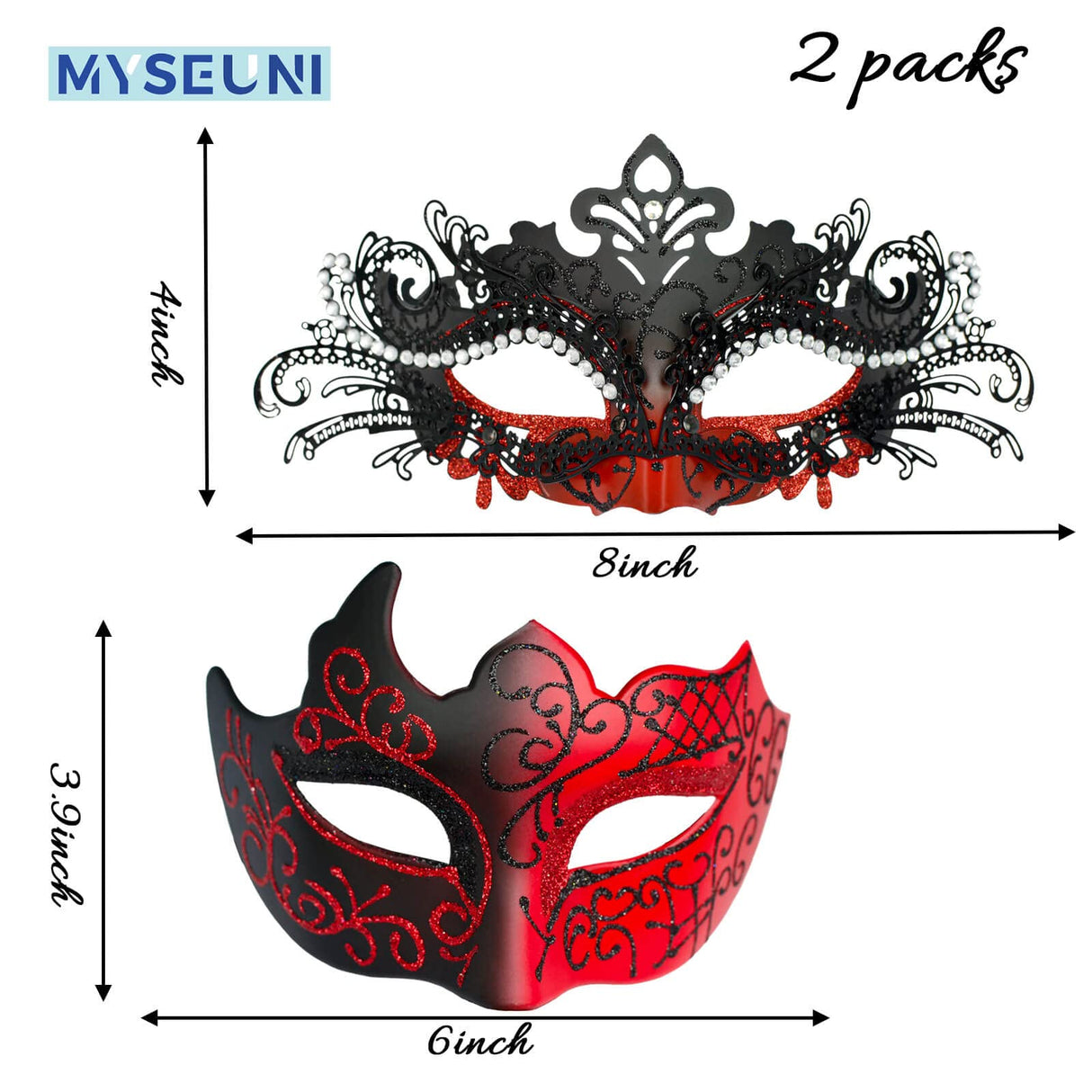 MYSEUNI Masquerade Mask for Couple Red - Shiny Rhinestone Venetian Mask & Mens Venetian Half Face Mask for Christmas Mardi Gras Party Halloween Costume Cosplay Prom Masked Ball