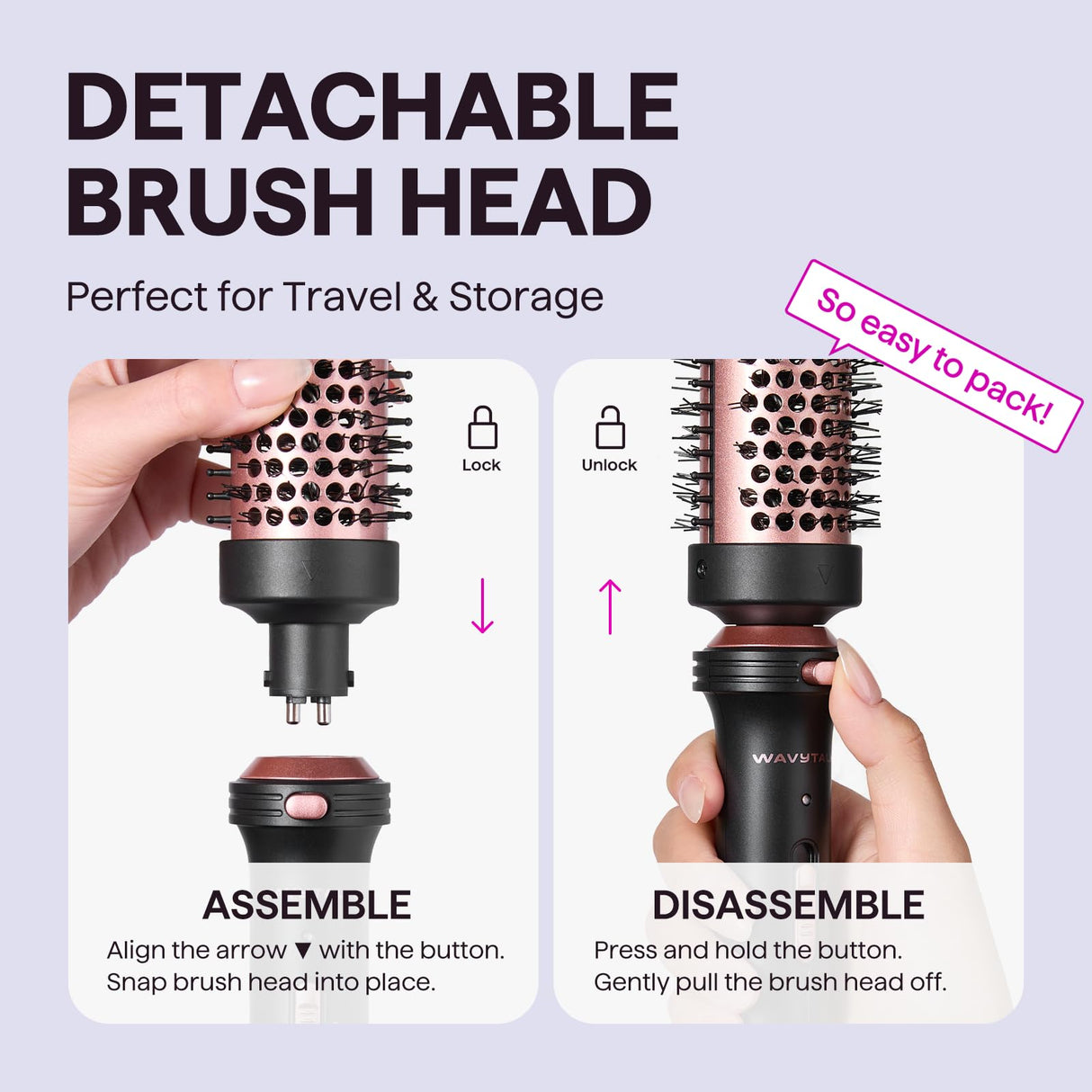Wavytalk Thermal Brush, 1 1/2 inch Heated Round Brush with Detachable Head, Velvet Pouch and Dual Voltage for Travel, Easy to Create Blowout Look, Rose Gold