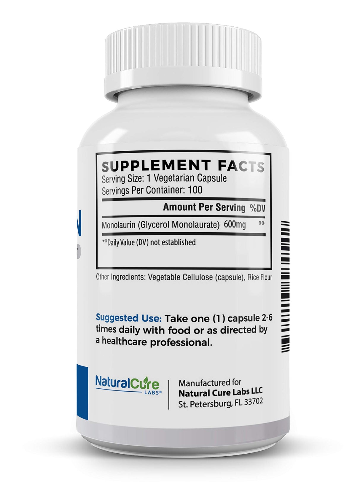 Natural Cure Labs Premium Monolaurin – 600mg, 100 Capsules