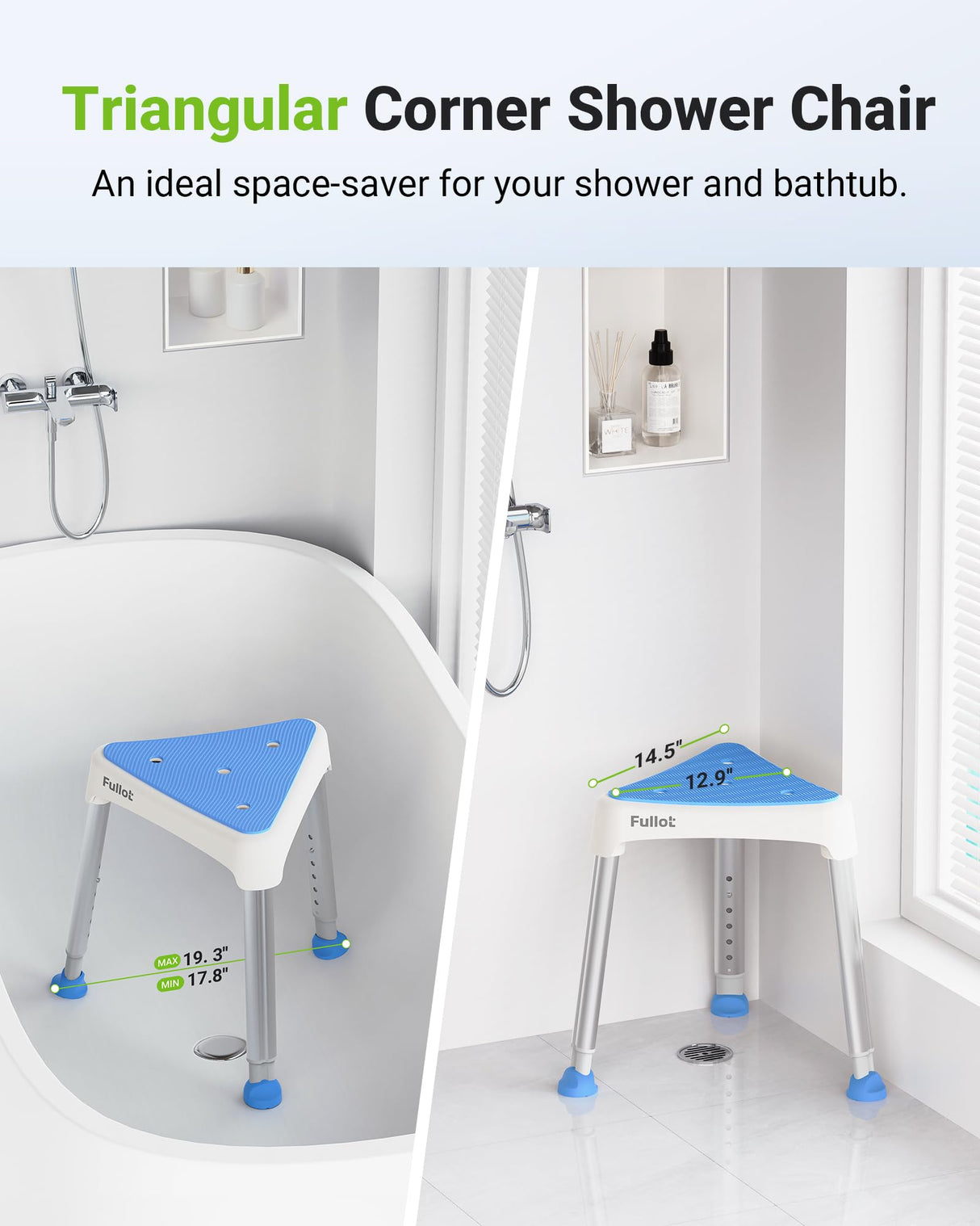Space-Saving Triangular Shower Chair for Inside Shower with EVA Pad, 400 lbs Adjustable Shower Chair for Elderly and Disabled, Non-Slip Shower Seat, Bath Chair for Tub, Tool-Free, FSA/HSA Eligible